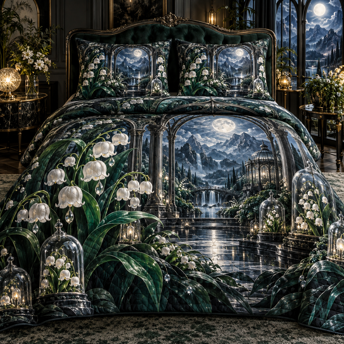 One quilted bedding set with an original Emerald Moonbell Grand Chamber, dimensional moonbells, smoky glass and moonlit grand-bedroom depth.