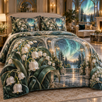 One quilted bedding set with an original Moonbell Aurora Salon, dimensional moonbells, teal glass and luminous aurora-salon depth.