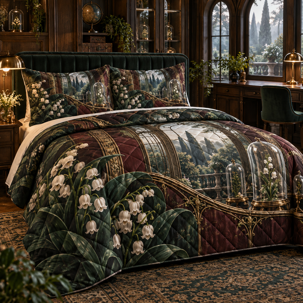 One quilted bedding set with an original Moonbell Scholar Atrium, dimensional moonbells, specimen glass and luminous scholar-atrium depth.