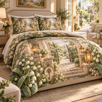 One quilted bedding set with an original Moonbell Hearthglass Welcome, dimensional moonbells, amber lanterns and luminous welcome-courtyard depth.