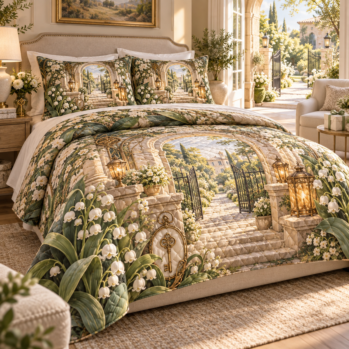 One quilted bedding set with an original Moonbell Hearthglass Welcome, dimensional moonbells, amber lanterns and luminous welcome-courtyard depth.
