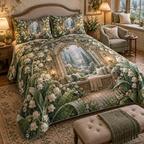 One quilted bedding set with an original Moonbell Whisperglass Alcove, dimensional moonbells, opaline droplets and luminous reading-alcove depth.
