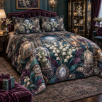 One quilted bedding set with an original Moonbell Reliquary Jubilee, dimensional moonbells, moonstone cameos and luminous collector-reliquary depth.