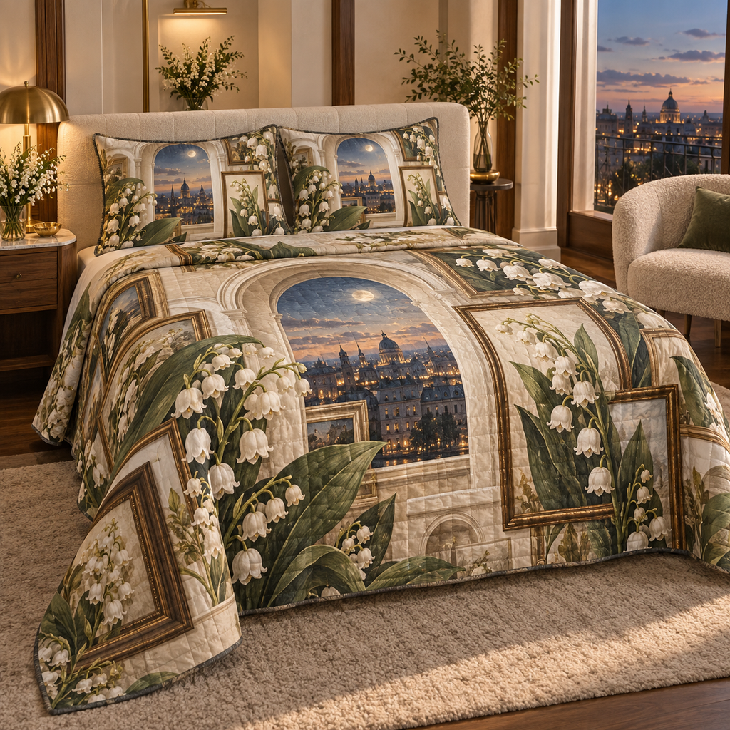 One quilted bedding set with an original Moonbell Skylight Gallery, dimensional moonbells, layered frames and luminous apartment-gallery depth.