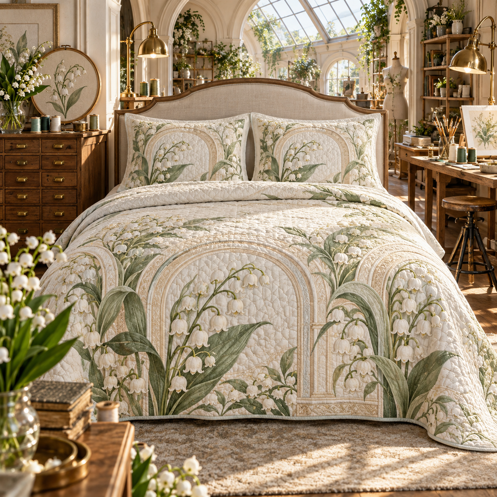 One quilted bedding set with an original Moonbell Atelier Identity, dimensional moonbells, organized creative tools and luminous atelier depth.