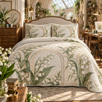 One quilted bedding set with an original Moonbell Atelier Identity, dimensional moonbells, organized creative tools and luminous atelier depth.