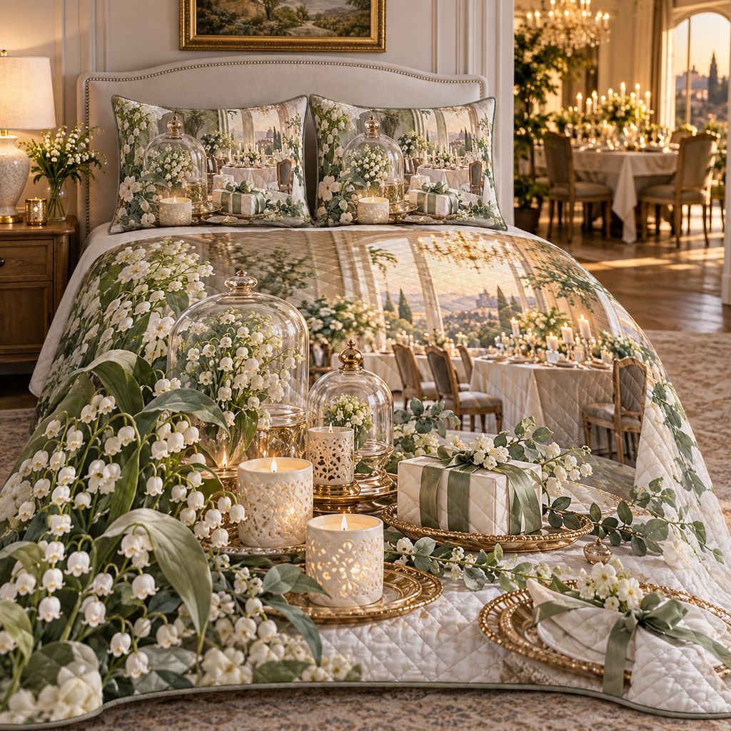 One quilted bedding set with an original Moonbell Gratitude Supper, dimensional moonbells, glass keepsakes and candlelit hospitality depth.