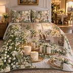 One quilted bedding set with an original Moonbell Gratitude Supper, dimensional moonbells, glass keepsakes and candlelit hospitality depth.