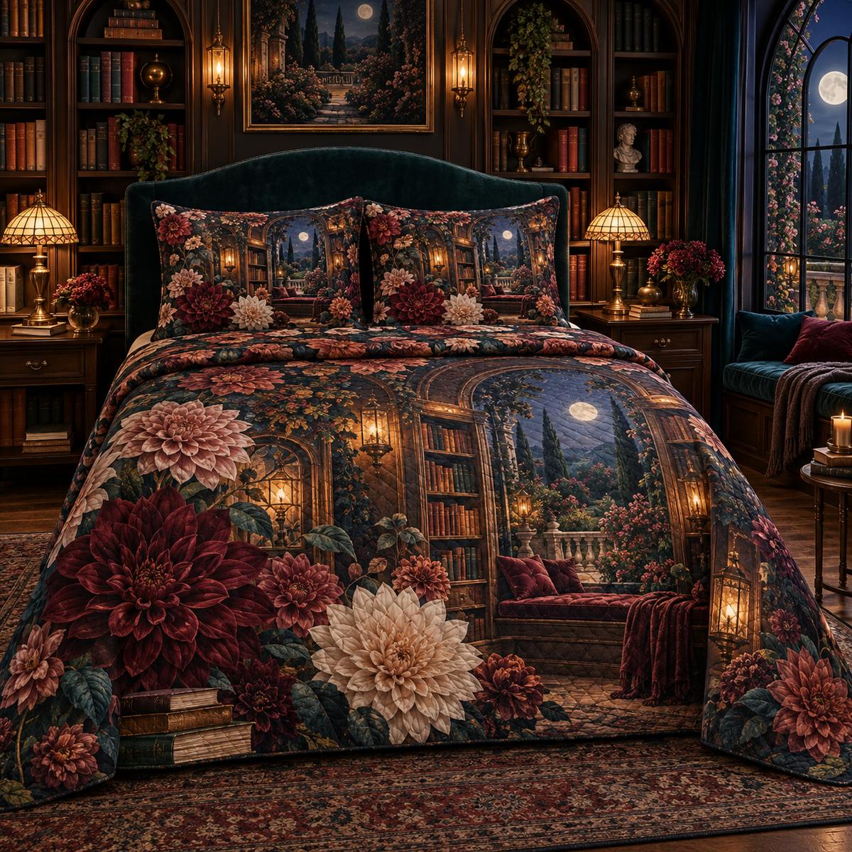 One quilted bedding set with an original Dahlia Lantern Library, dimensional dahlias, arched bookshelves and moonlit library depth.