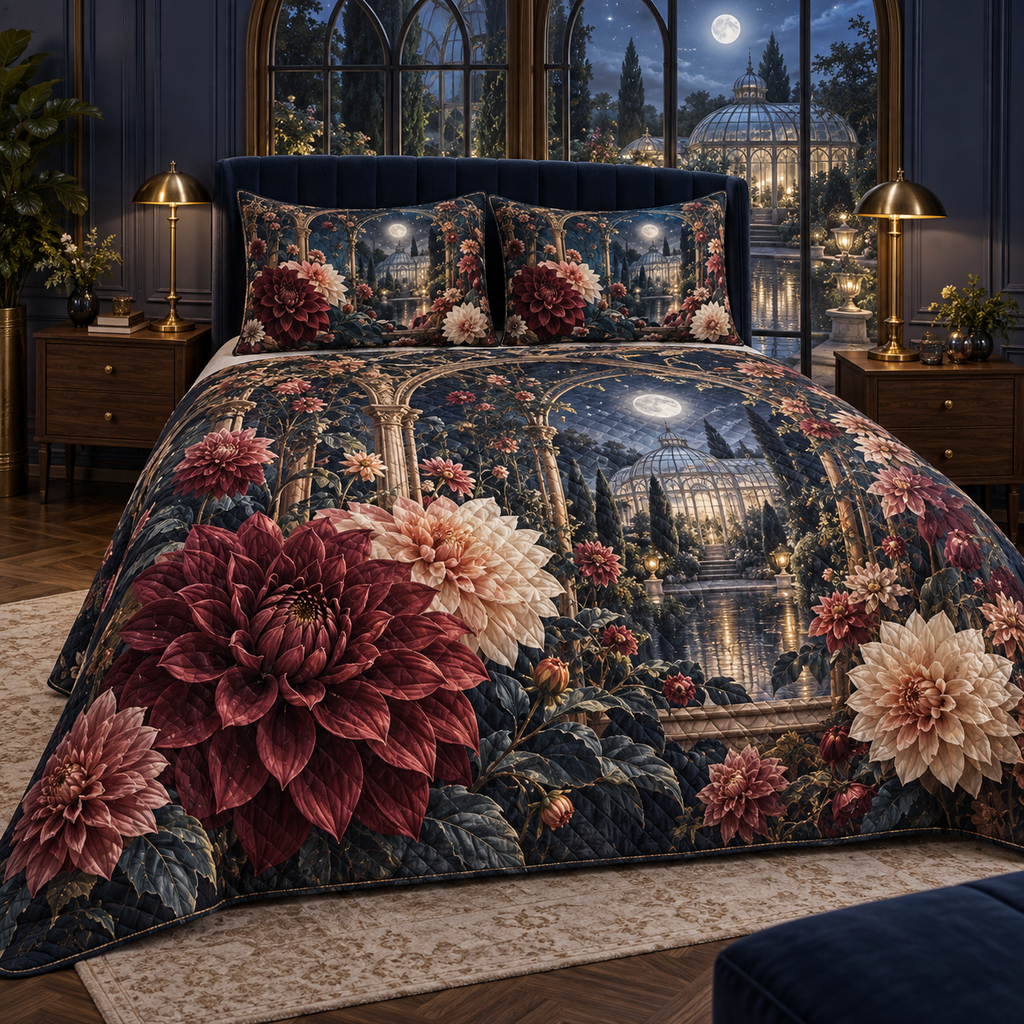 One quilted bedding set with an original Dahlia Starlight Conservatory, dimensional dahlias, moonlit arches and conservatory depth.