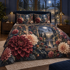 One quilted bedding set with an original Dahlia Starlight Conservatory, dimensional dahlias, moonlit arches and conservatory depth.