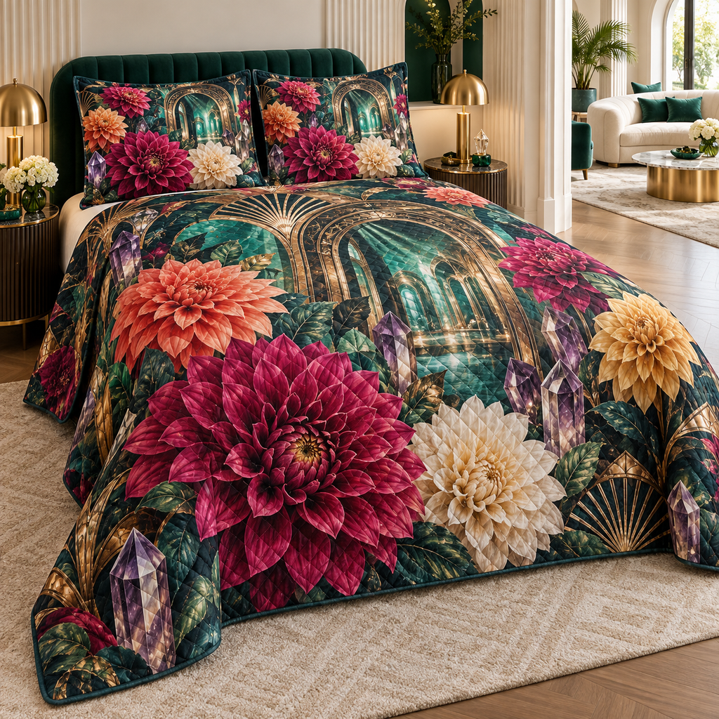 One quilted bedding set with an original Dahlia Prism Salon, dimensional dahlias, crystal prisms and Art Deco salon depth.