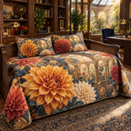 One quilted bedding set with an original Dahlia Sunburst Study, dimensional dahlias, sunburst medallions and skylit study depth.