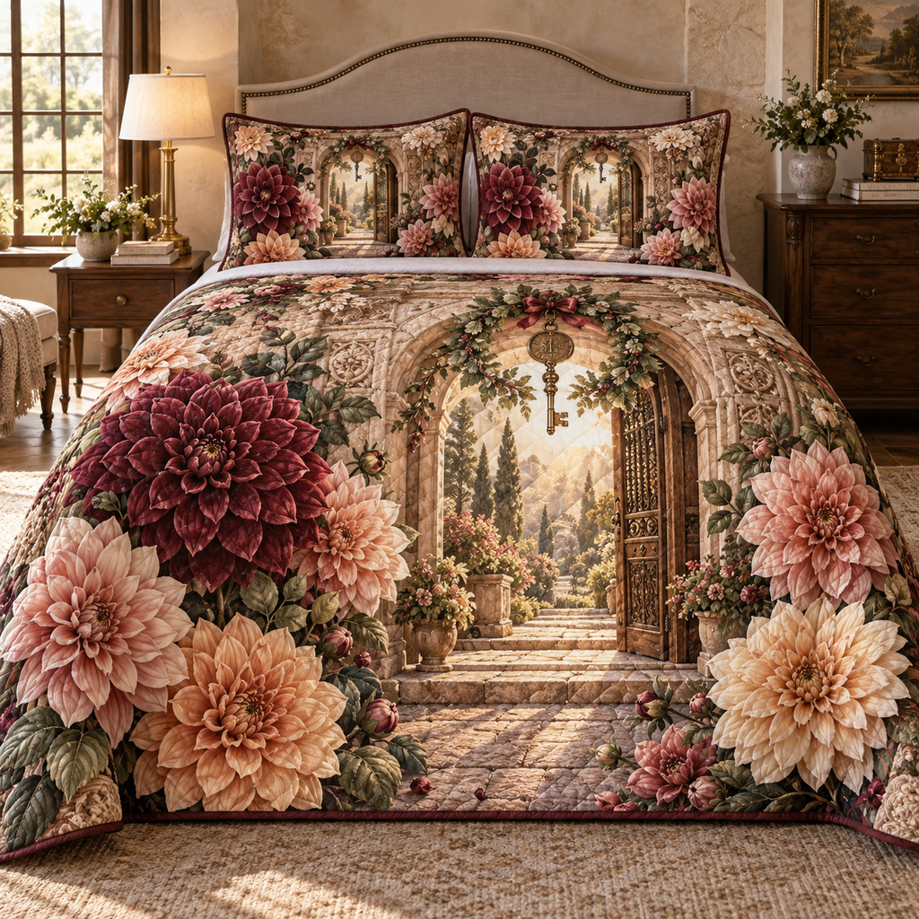 One quilted bedding set with an original Dahlia Heirloom Welcome, dimensional dahlias, heirloom keys and welcoming threshold depth.