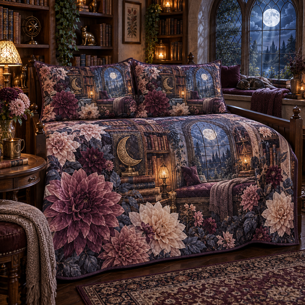 One quilted bedding set with an original Dahlia Moonlit Reading Alcove, dimensional dahlias, moonlit books and reading-alcove depth.