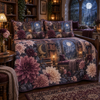One quilted bedding set with an original Dahlia Moonlit Reading Alcove, dimensional dahlias, moonlit books and reading-alcove depth.
