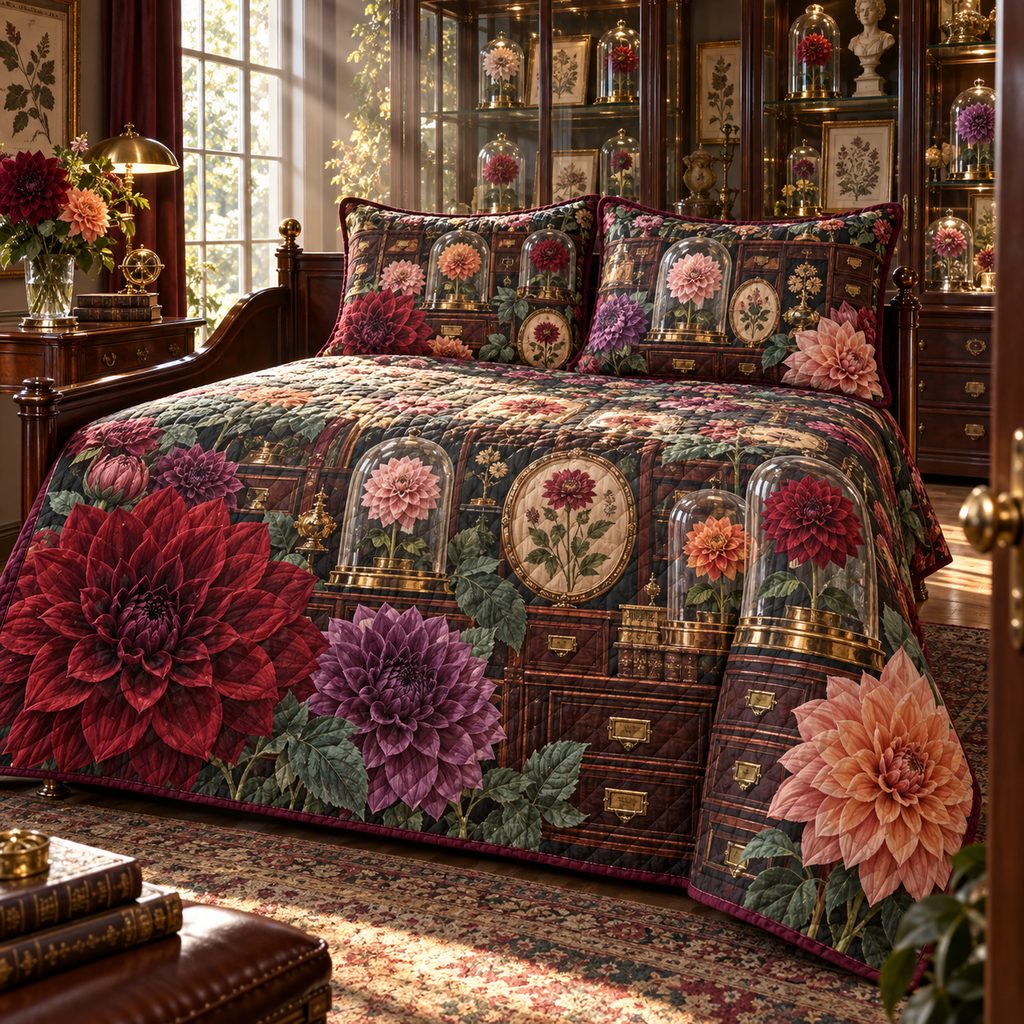 One quilted bedding set with an original Dahlia Curator's Cabinet, dimensional dahlias, glass specimens and collector-gallery depth.
