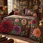 One quilted bedding set with an original Dahlia Curator's Cabinet, dimensional dahlias, glass specimens and collector-gallery depth.