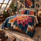 One quilted bedding set with an original Dahlia Prism Gallery, dimensional dahlias, prismatic frames and apartment-gallery depth.