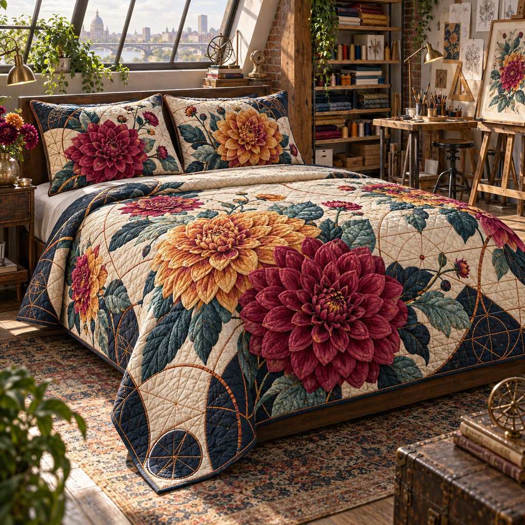 One quilted bedding set with an original Dahlia Maker Atelier, dimensional dahlias, thread arcs and maker-studio depth.