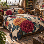 One quilted bedding set with an original Dahlia Maker Atelier, dimensional dahlias, thread arcs and maker-studio depth.
