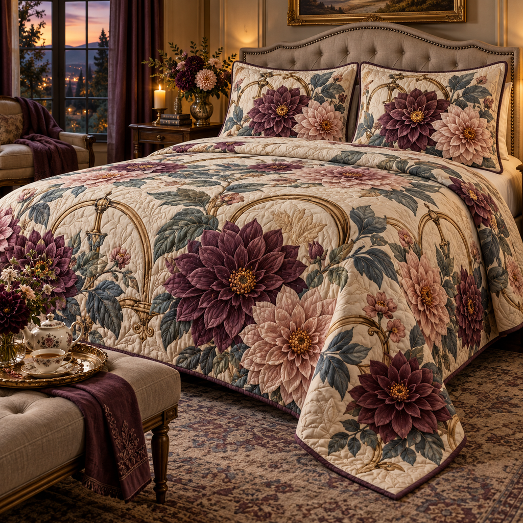 One quilted bedding set with an original Dahlia Gratitude Supper, dimensional dahlias, candle halos and gracious-hosting depth.