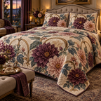 One quilted bedding set with an original Dahlia Gratitude Supper, dimensional dahlias, candle halos and gracious-hosting depth.