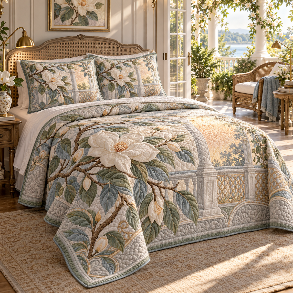 One quilted bedding set with an original Magnolia Veranda Reading Nest, dimensional magnolias, veranda windows and reading-nook depth.