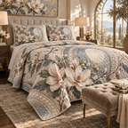 One quilted bedding set with an original Magnolia Moonstone Bedroom, dimensional magnolias, moonstone arches and bedroom depth.