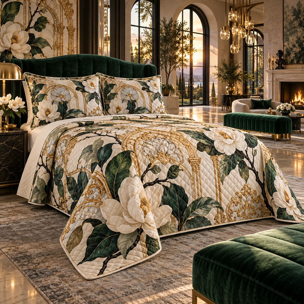 One quilted bedding set with an original Magnolia Gilded Atrium Salon, dimensional magnolias, gilded atrium arches and salon depth.