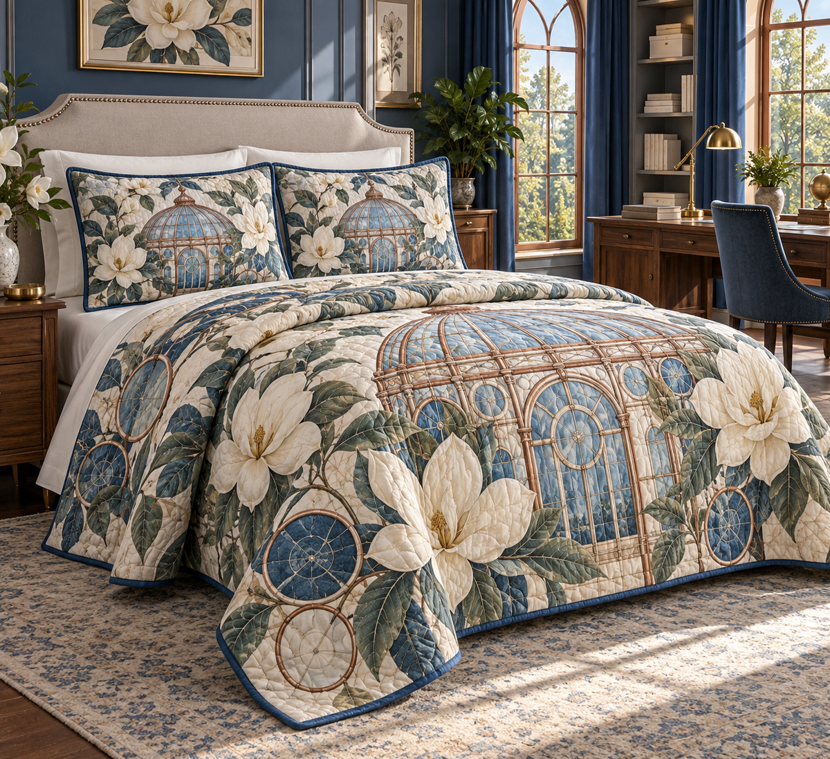 One quilted bedding set with an original Magnolia Blueprint Conservatory, dimensional magnolias, copper conservatory ribs and office depth.