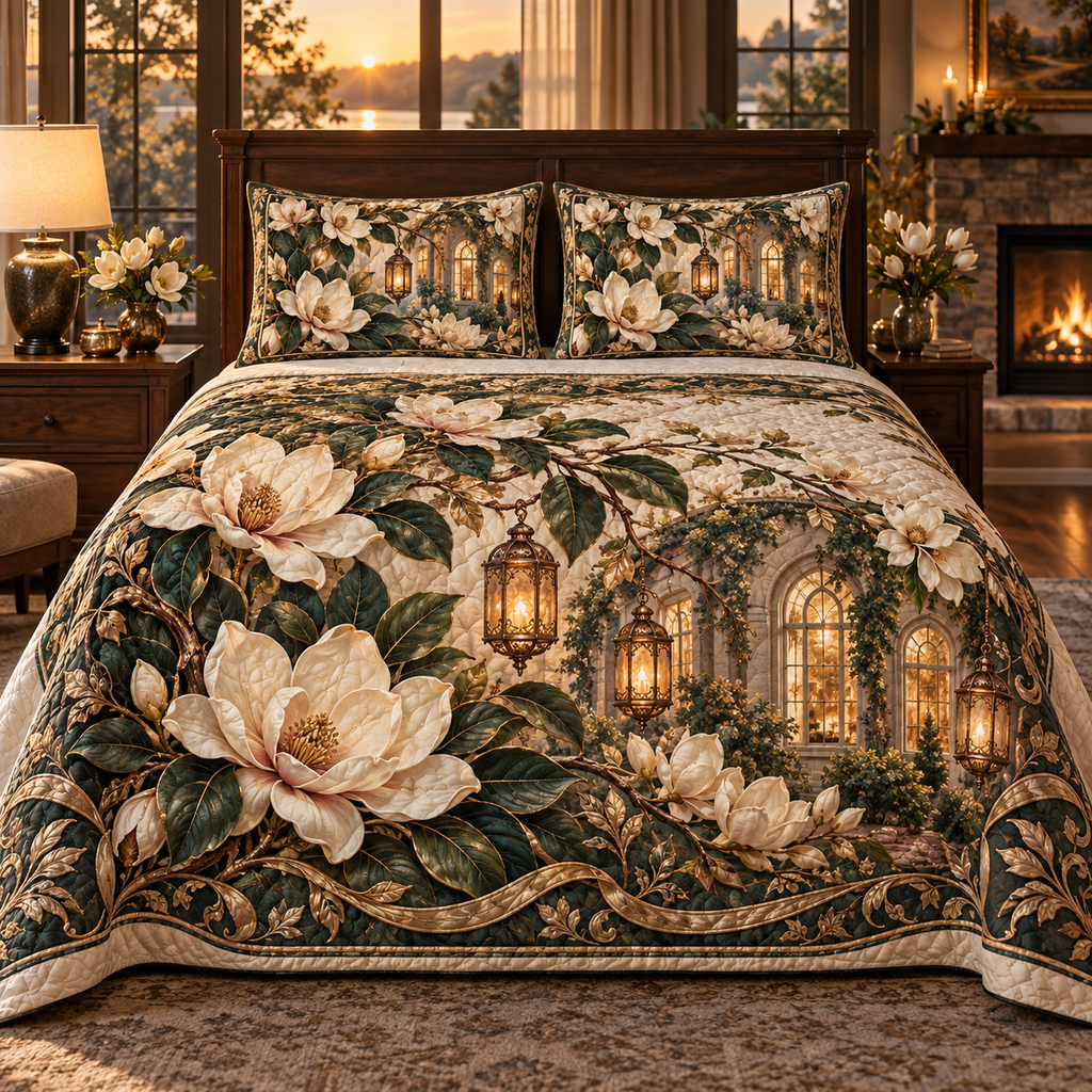 One quilted bedding set with an original Magnolia Hearthlight Welcome, dimensional magnolias, amber lanterns and warm new-home depth.
