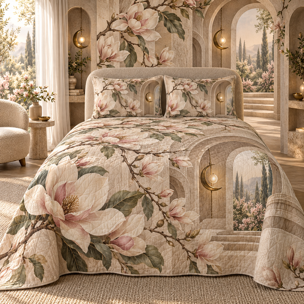 One quilted bedding set with an original Magnolia Whispering Alcove, dimensional magnolias, arched niches and calm reading-corner depth.