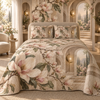 One quilted bedding set with an original Magnolia Whispering Alcove, dimensional magnolias, arched niches and calm reading-corner depth.