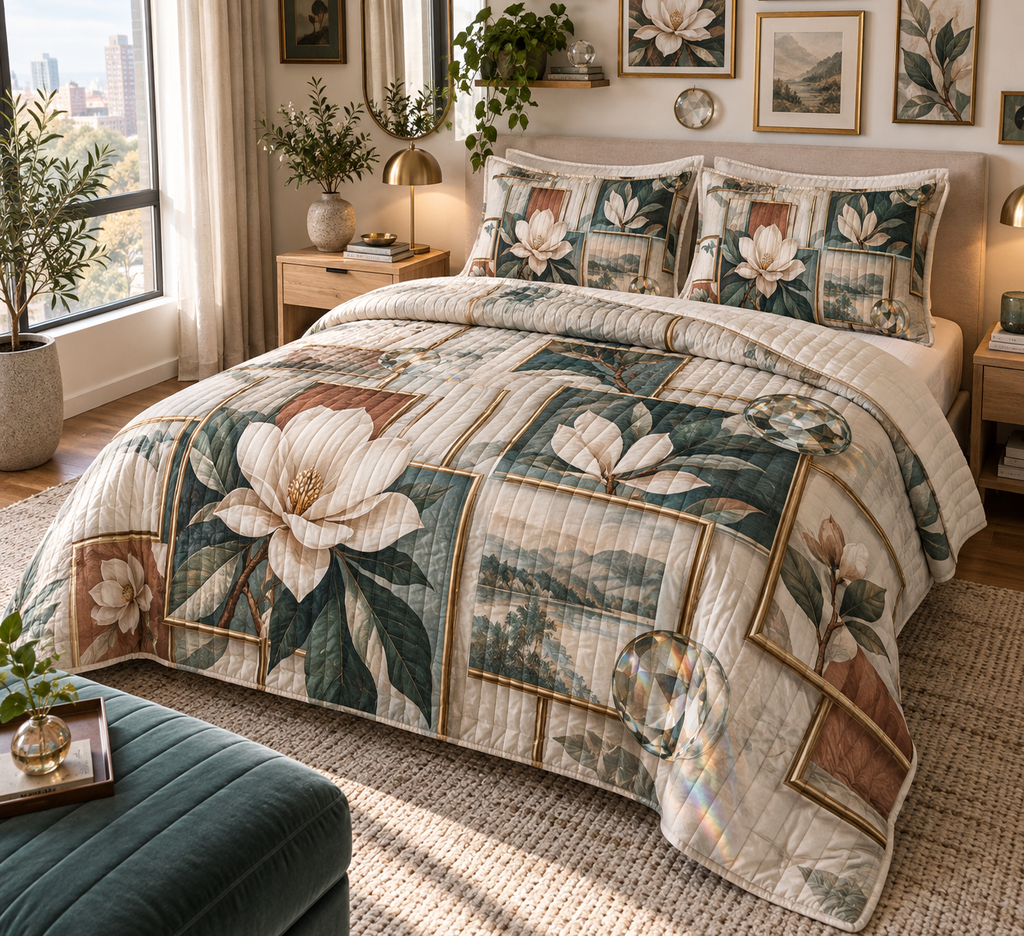 One quilted bedding set with an original Magnolia Prism Gallery, ivory magnolias, floating frames and prismatic apartment-gallery depth.