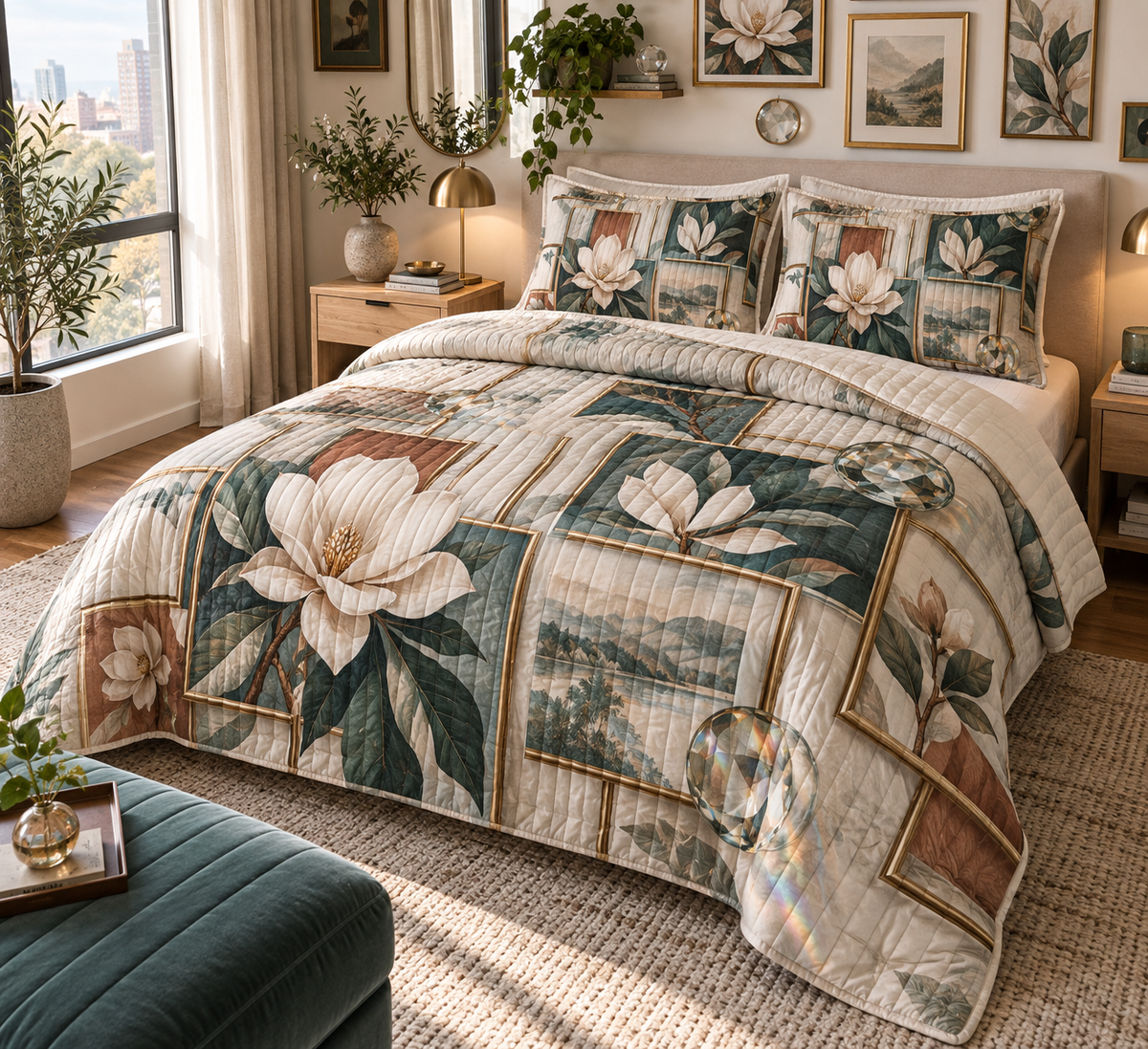 One quilted bedding set with an original Magnolia Prism Gallery, ivory magnolias, floating frames and prismatic apartment-gallery depth.