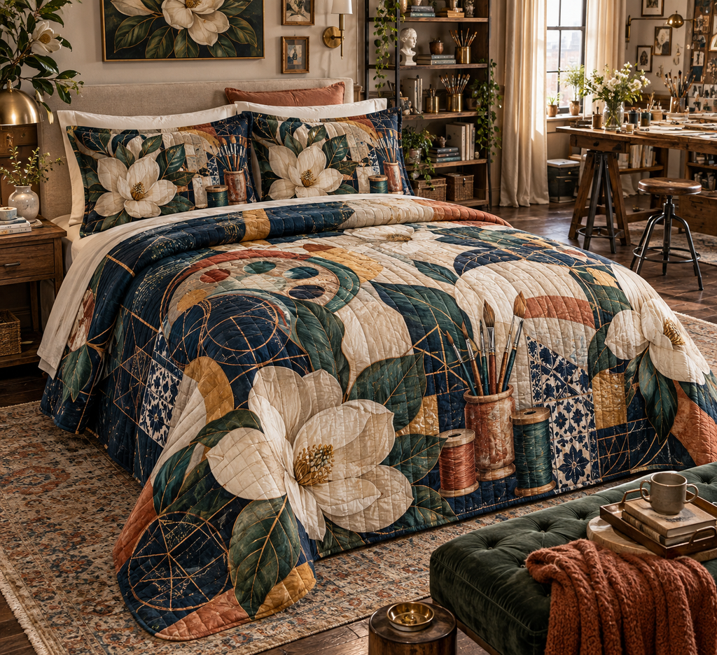 One quilted bedding set with an original Magnolia Maker Atelier, ivory magnolias, creative tools and dimensional studio depth.