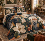 One quilted bedding set with an original Magnolia Maker Atelier, ivory magnolias, creative tools and dimensional studio depth.