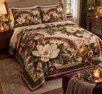 One quilted bedding set with an original Magnolia Gratitude Feast, cream magnolias, ribbon loops and candlelit host-salon depth.