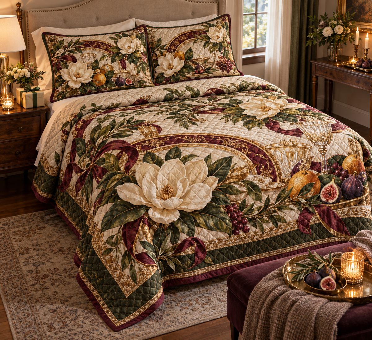 One quilted bedding set with an original Magnolia Gratitude Feast, cream magnolias, ribbon loops and candlelit host-salon depth.
