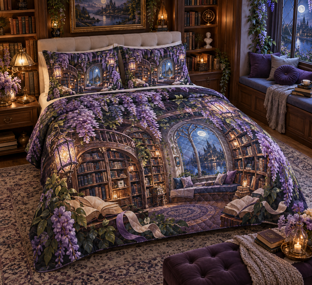 One quilted bedding set with an original Wisteria Lantern Library, cascading violet blooms, book arches and moonlit reading-nook depth.