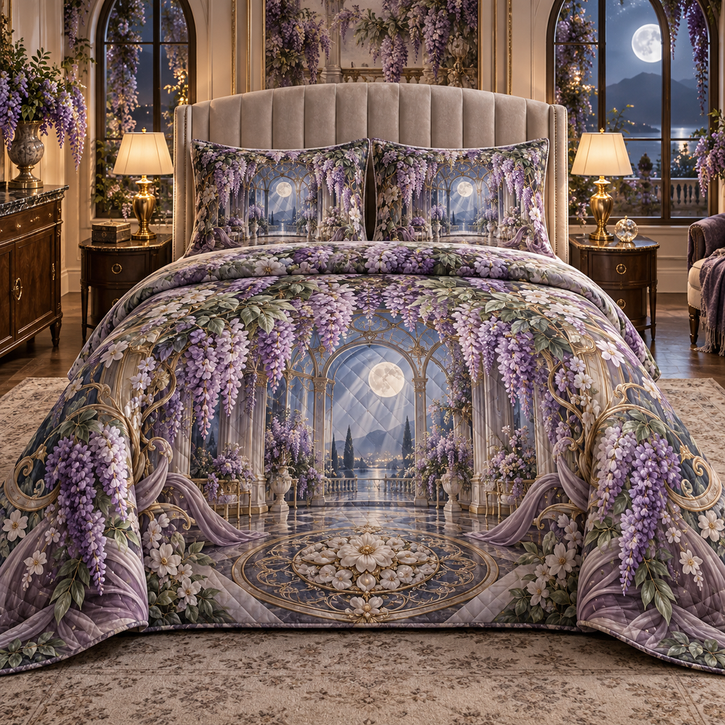 One quilted bedding set with an original Wisteria Moonlit Canopy, cascading violet blooms, prism arches and romantic bedroom depth.