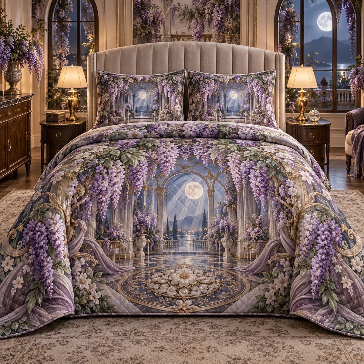 One quilted bedding set with an original Wisteria Moonlit Canopy, cascading violet blooms, prism arches and romantic bedroom depth.