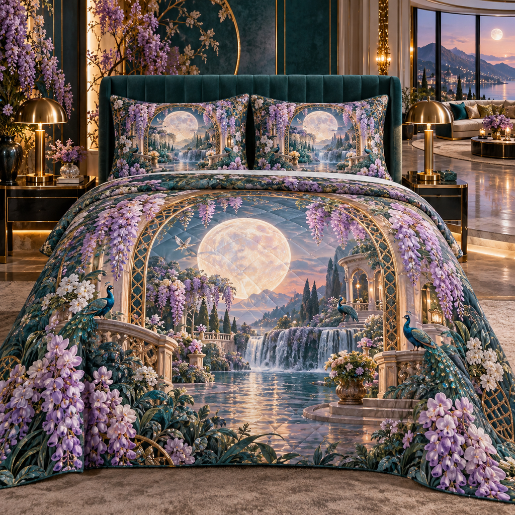 One quilted bedding set with an original Wisteria Opal Moon Salon, waterfall blooms, circular moon gate and jewel-toned living-room depth.