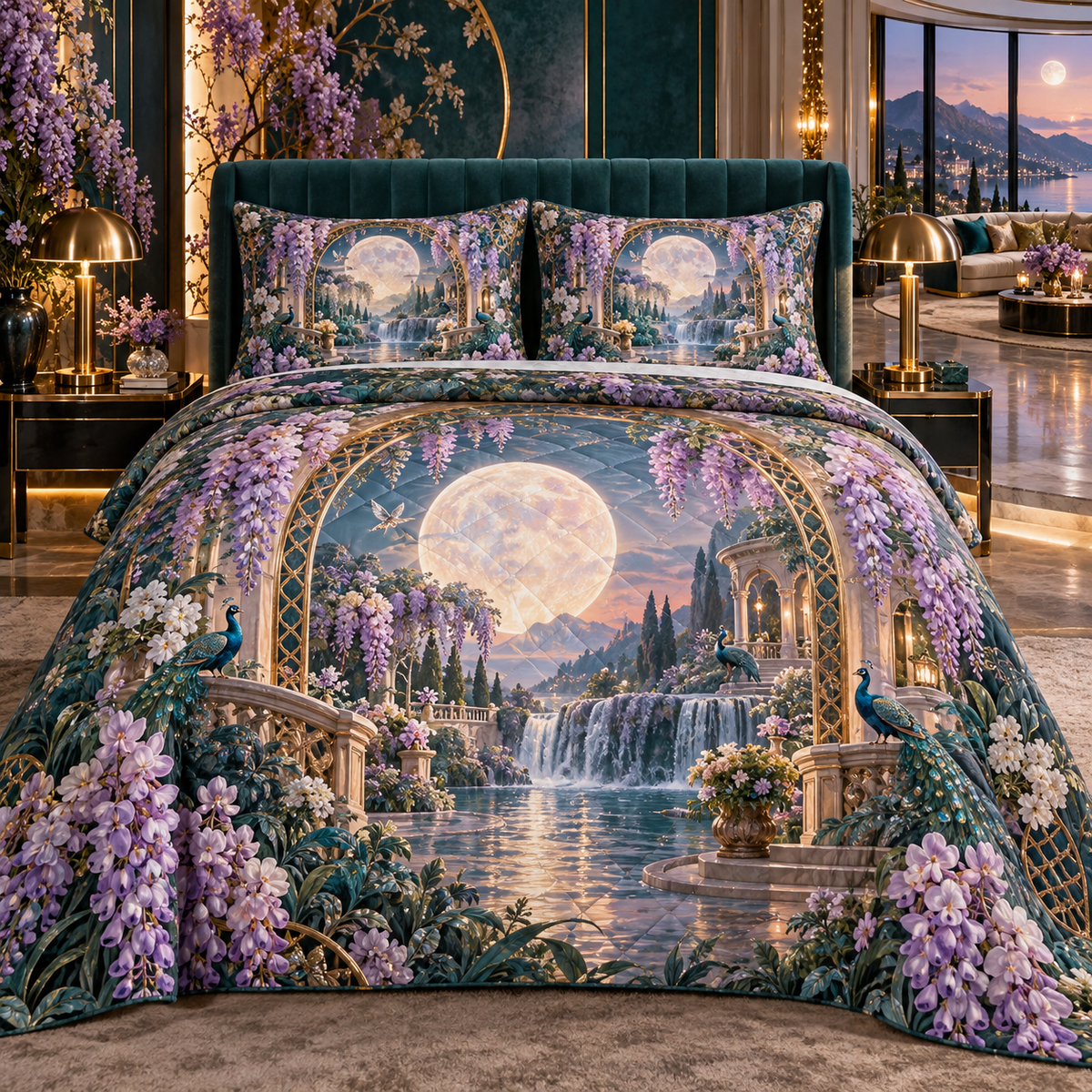 One quilted bedding set with an original Wisteria Opal Moon Salon, waterfall blooms, circular moon gate and jewel-toned living-room depth.