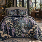 One quilted bedding set with an original Wisteria Glasshouse Study, lilac cascades, copper drafting arcs and sunlit office depth.
