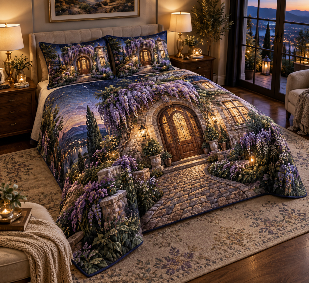 One quilted bedding set with an original Wisteria Welcome Lantern House, glowing doorway, cascading lilac blooms and warm new-home depth.