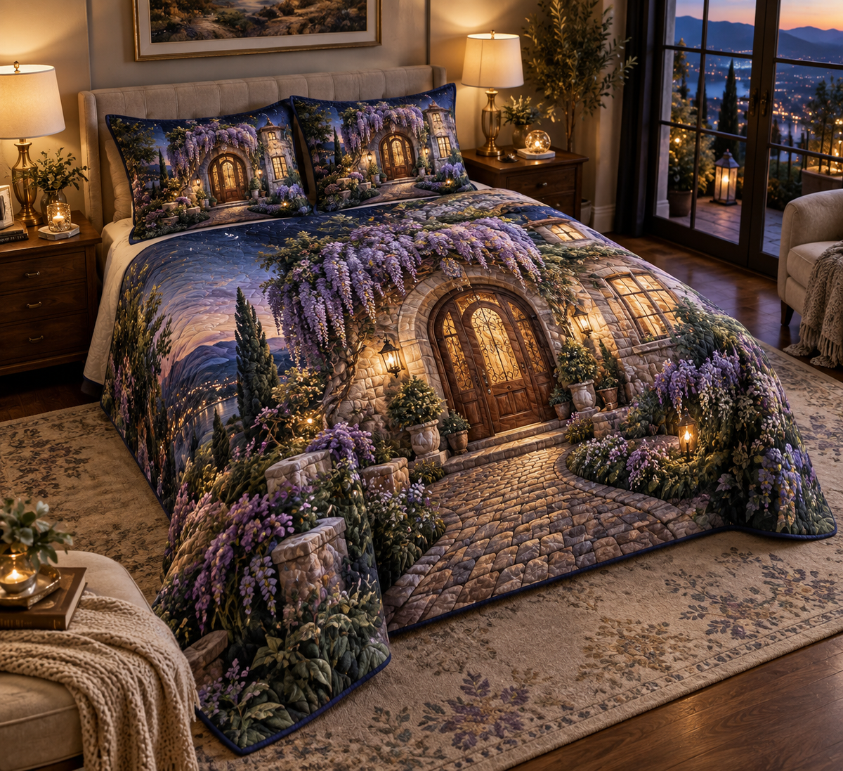 One quilted bedding set with an original Wisteria Welcome Lantern House, glowing doorway, cascading lilac blooms and warm new-home depth.