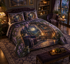 One quilted bedding set with an original Wisteria Moonlit Reading Alcove, curved bookshelves, lavender cascades and warm moonlit depth.