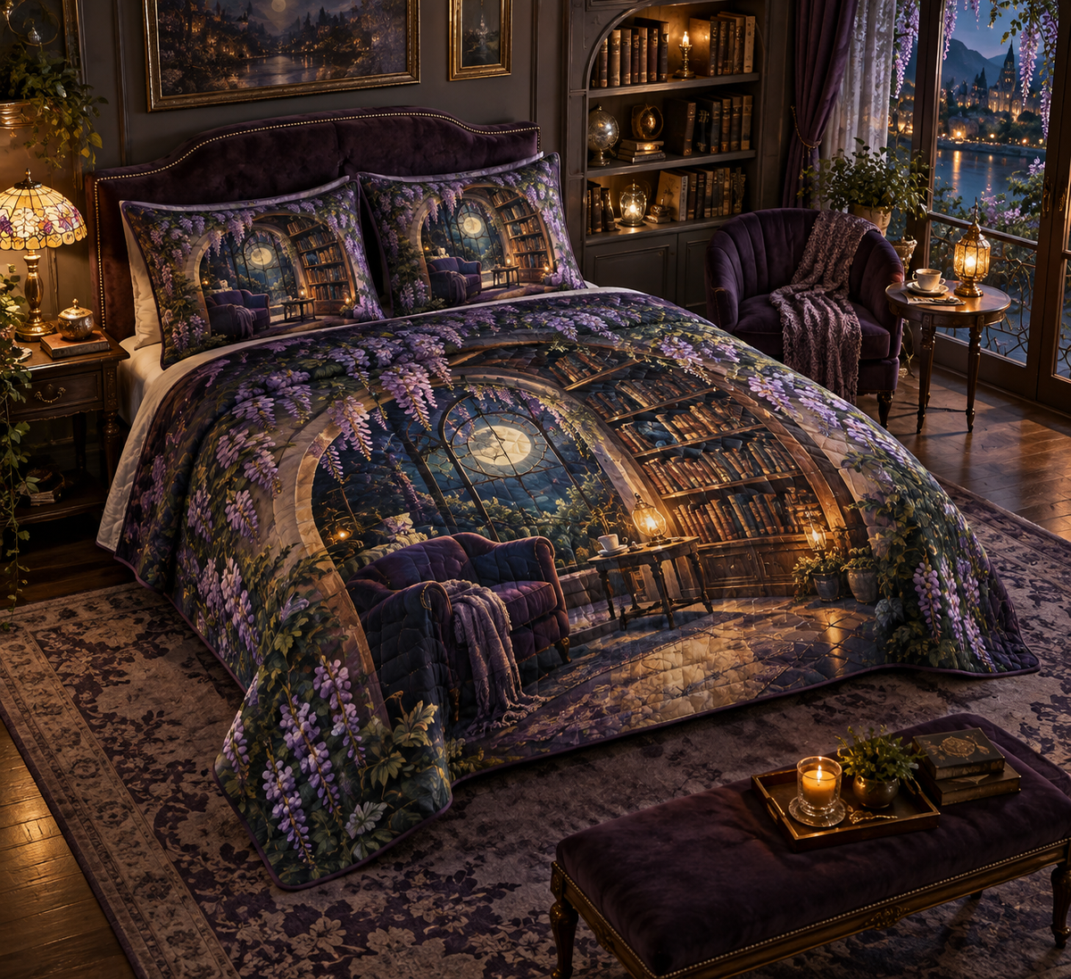 One quilted bedding set with an original Wisteria Moonlit Reading Alcove, curved bookshelves, lavender cascades and warm moonlit depth.
